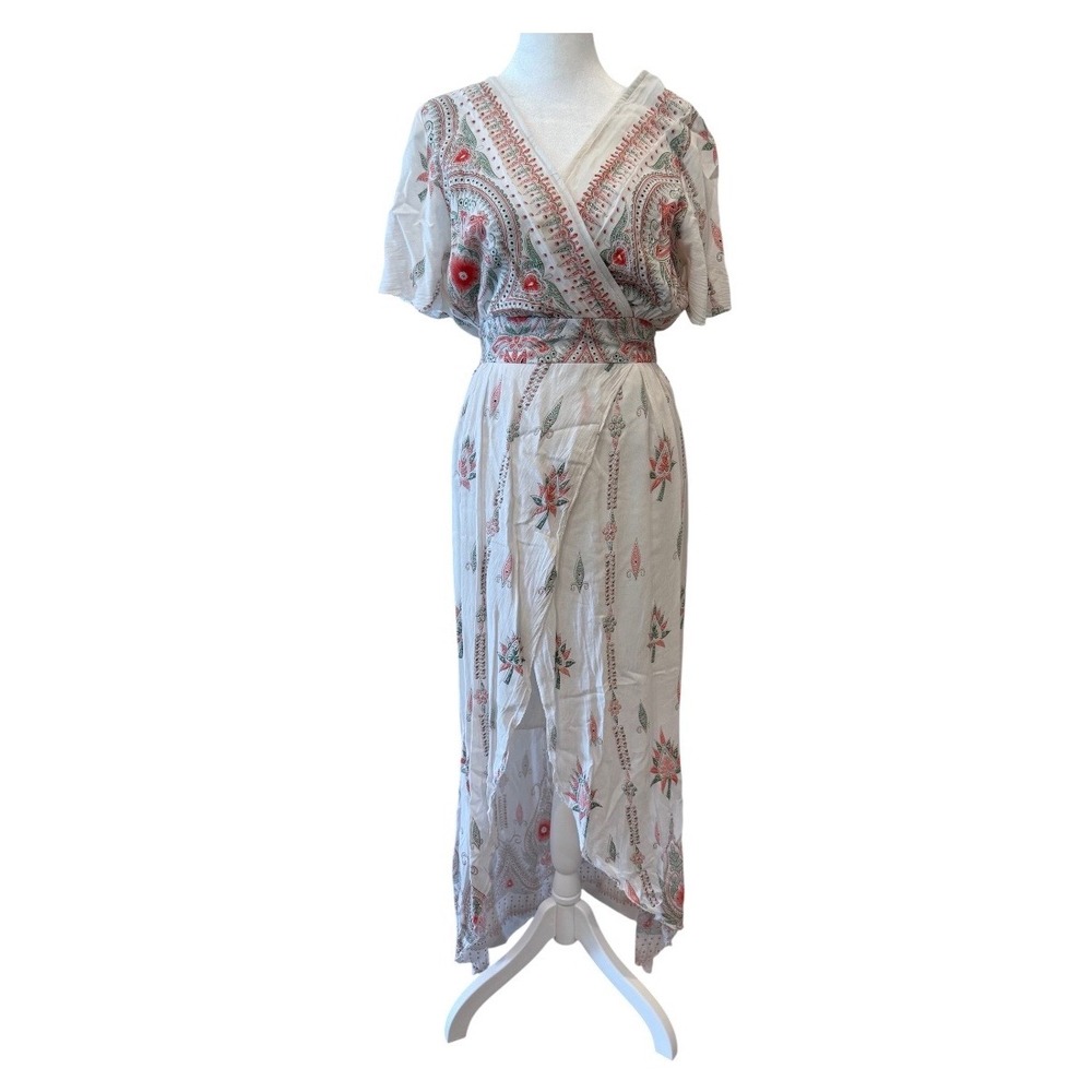 Lapogee Womens White Paisley Floral Rayon Wrap Maxi Dress Smocked Waist Size M